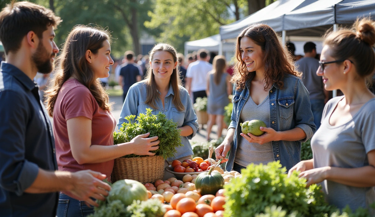 A diverse group of Canadians happily shopping at a bustling local farmers' market, interacting with vendors and holding fresh produce. The scene is vibrant and community-focused.