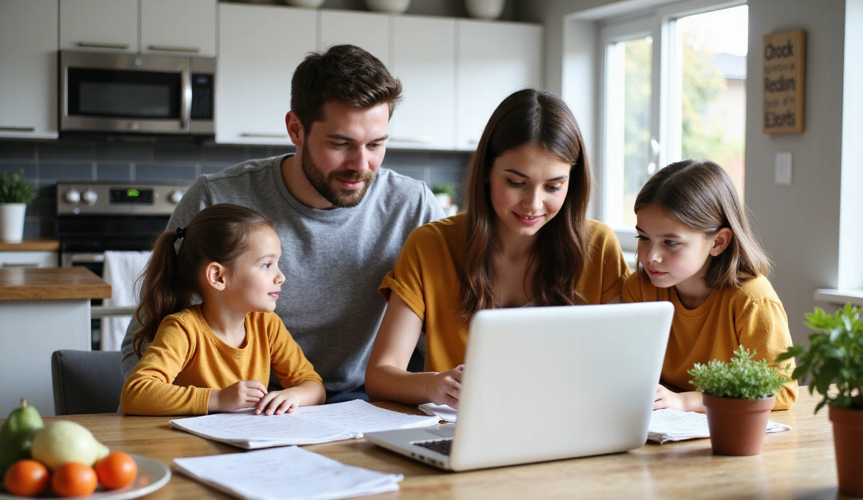 A Canadian family meticulously planning their weekly budget and grocery list at their kitchen table, with a laptop, notebooks, and a cup of coffee. The setting is warm and inviting.
