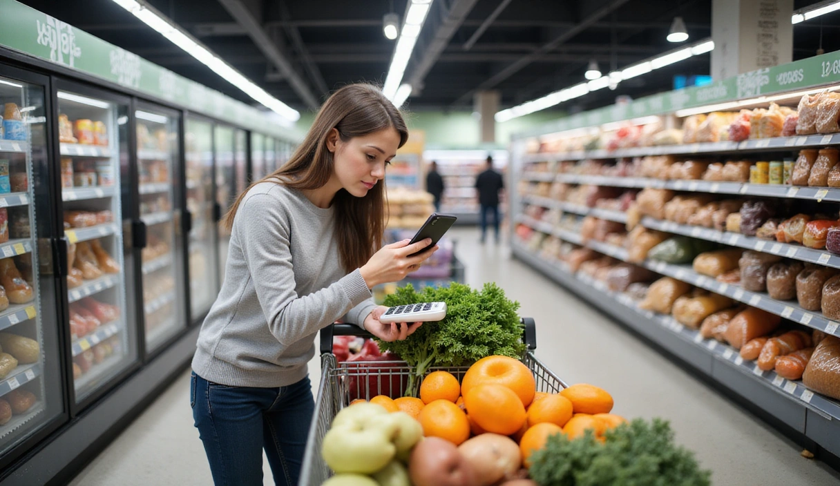 A person smartly shopping with a shopping cart full of groceries and a calculator in hand, comparing prices in a Canadian supermarket aisle.