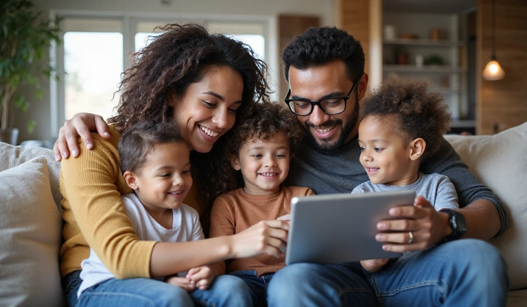 Happy Canadian family saving money