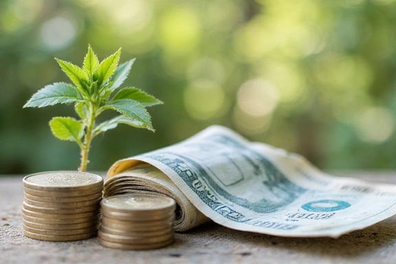 A stack of Canadian bills and coins with a small plant, symbolizing growth and savings.
