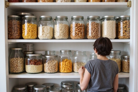 A person organizing a home pantry, emphasizing bulk buying and smart storage.