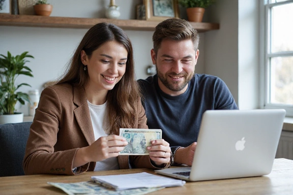 Couple reviewing their finances on a laptop, surrounded by Canadian currency.