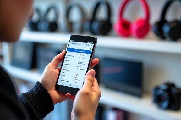 Person comparing prices on a smartphone while shopping for electronics.