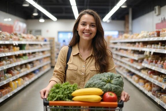 Person happily shopping with a cart full of groceries, focusing on smart budgeting.
