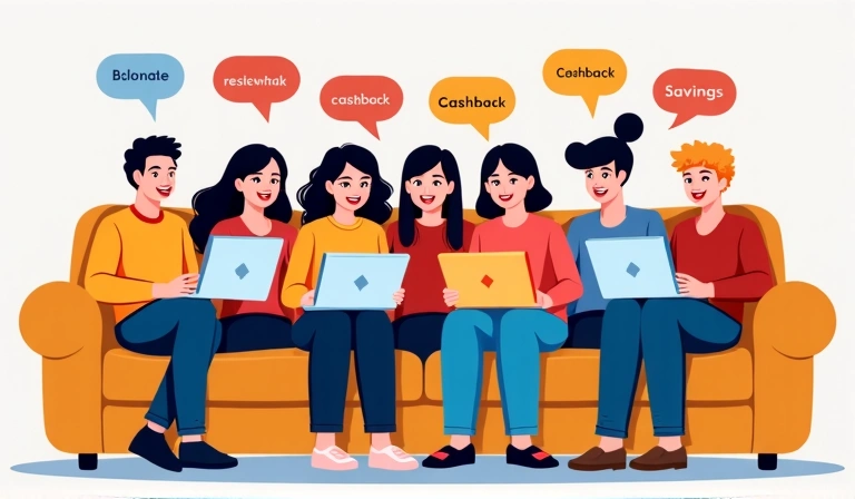 Group of diverse people happily shopping online with cashback notifications