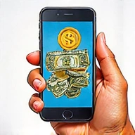 Hand holding a smartphone with money being deposited into an account