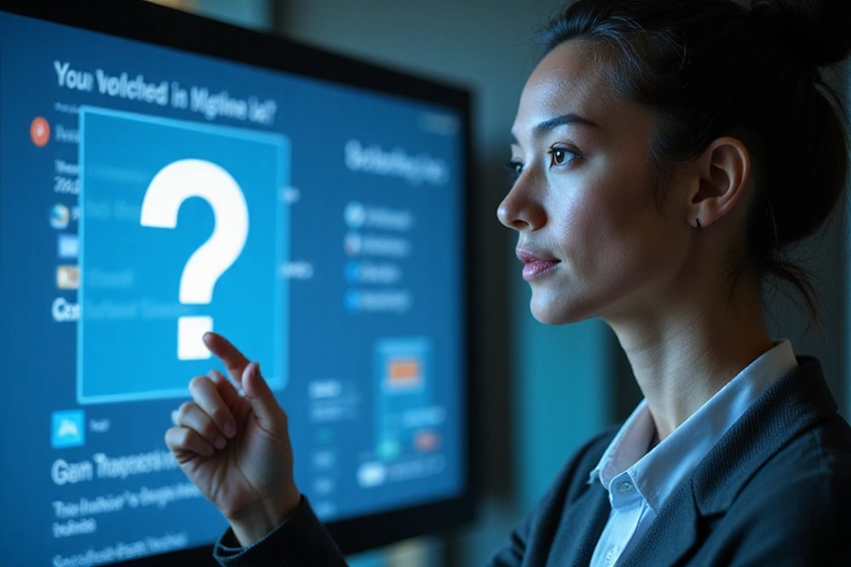 A person looking at a question mark icon on a screen, symbolizing problem-solving and finding answers