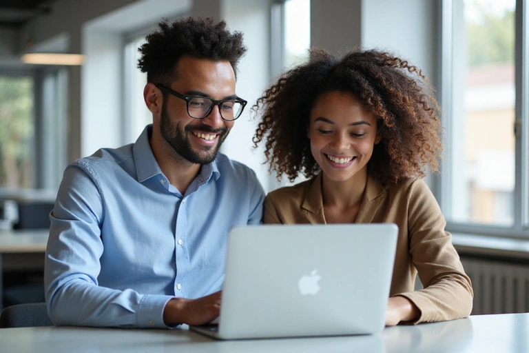 Two people collaborating on a laptop, representing customer support and communication