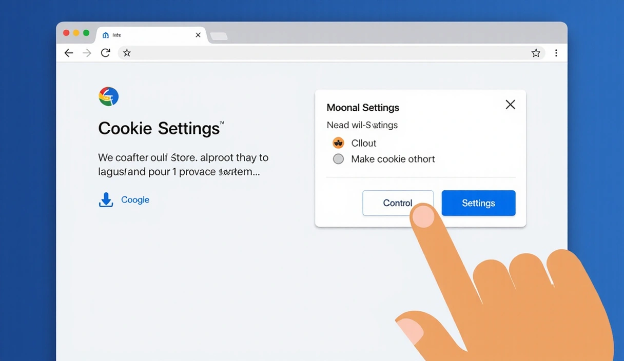 A hand clicking on a 'Cookie Settings' button, illustrating user control over privacy preferences, with a modern UI design.