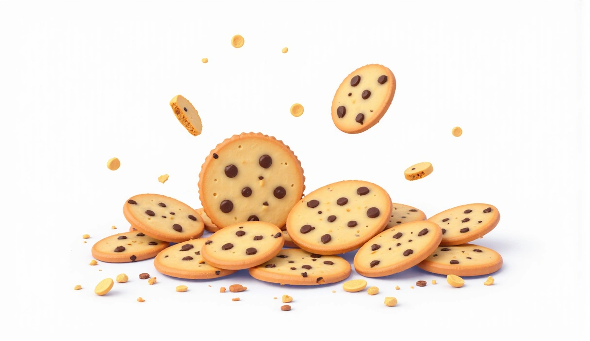 A digital illustration of various cookies in different shapes and sizes, some with crumbs, on a clean white background. The image should convey a sense of modern technology and data privacy.