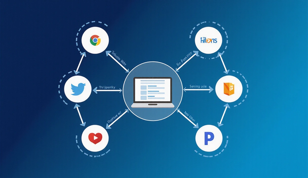 An illustration showing multiple interconnected digital nodes or circles, representing third-party services and their interaction with a central website, conveying a network effect.