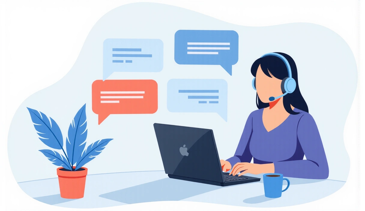 An illustration of a customer service representative answering questions, with a headset and a computer, conveying support and contact.