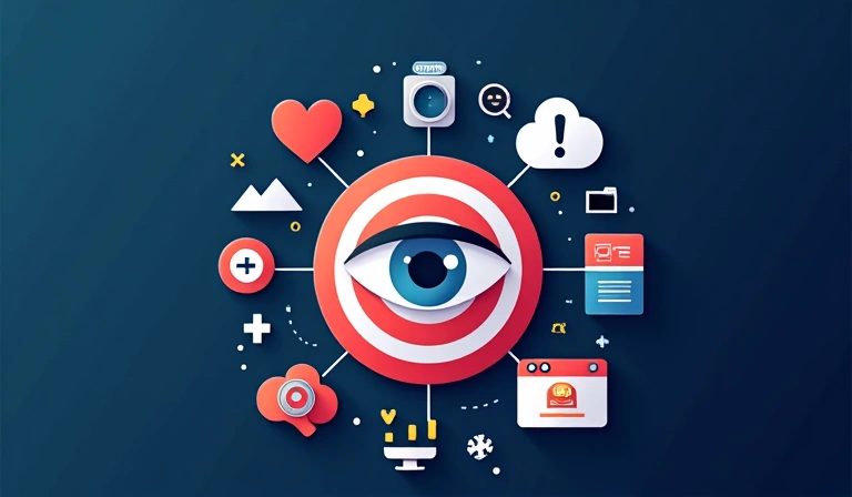 An eye icon looking at a target, surrounded by digital marketing elements, symbolizing targeted advertising and user interests.