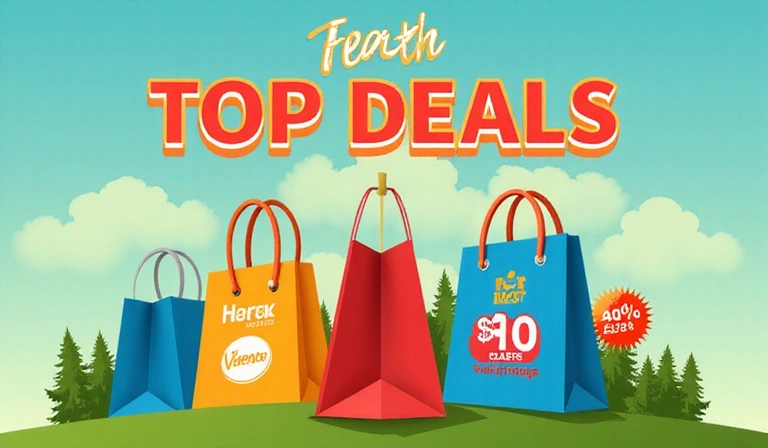 A vibrant image showcasing top deals with shopping bags and discount tags.