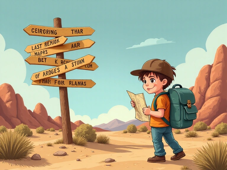 Lost traveler looking at a map in a desolate landscape with a broken road sign pointing to nowhere.